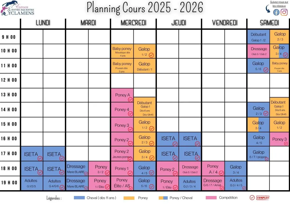 Planning cours équitation 2025-2026