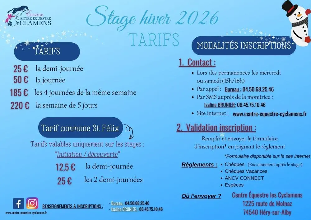 Tarifs stage hiver 2026