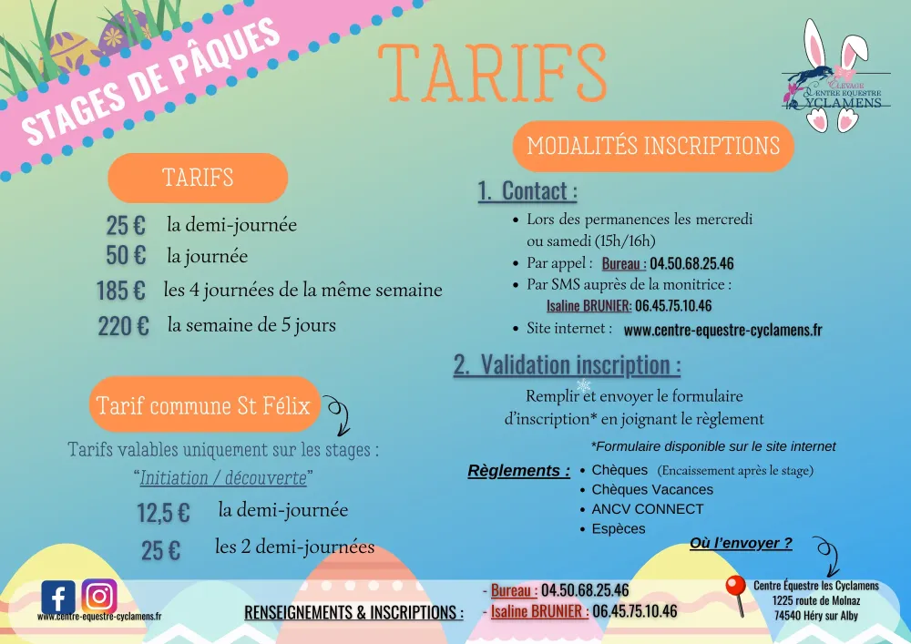 Stage Pâques 2026 - Tarifs